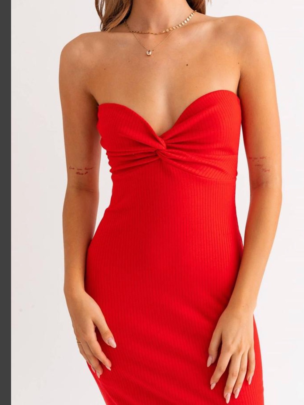 Le Lis red strapless midi dress with slit